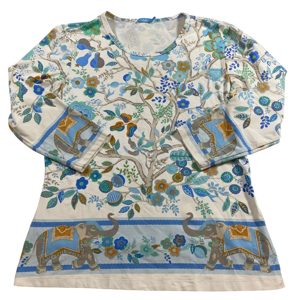 J. McLaughlin Womens Tree of Life Elephant Print 3/4 Sleeve Top Blue Green M